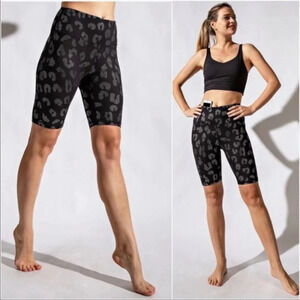 Black Silver Leopard Embossed Biker Shorts — High Waisted Compression Fit